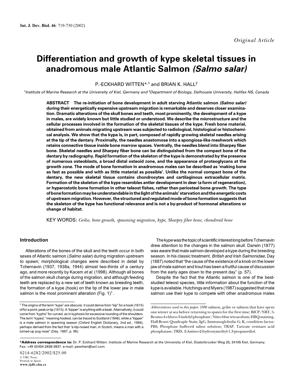 Differentiation and Growth of Kype Skeletal Tissues in Anadromous Male Atlantic Salmon (Salmo Salar)