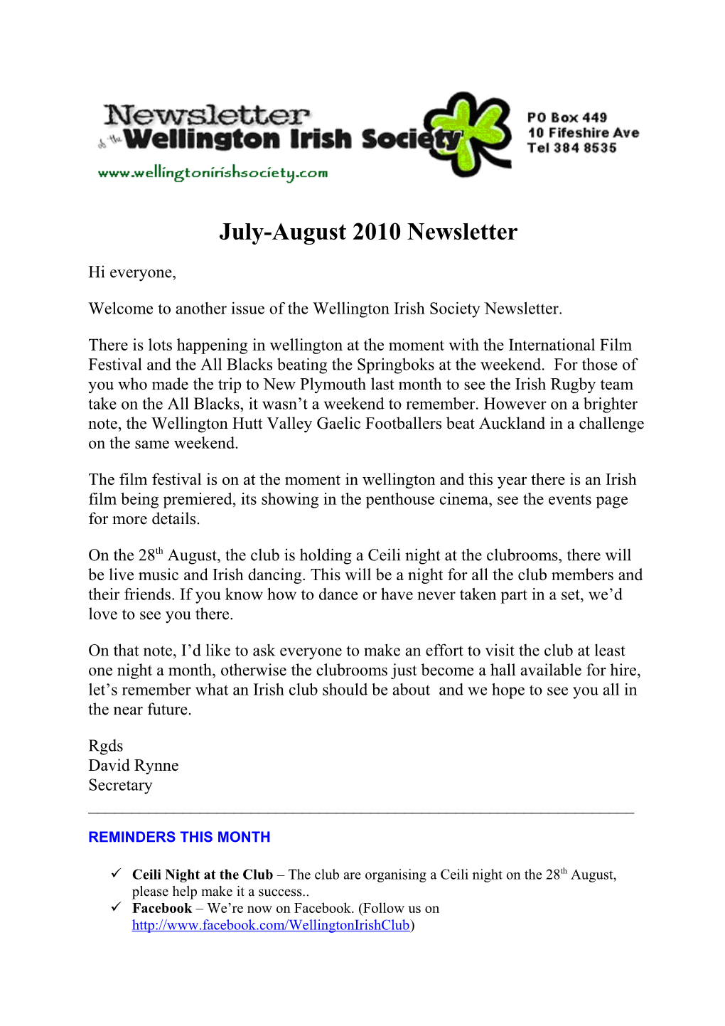 Welcome to Another Issue of the Wellington Irish Society Newsletter