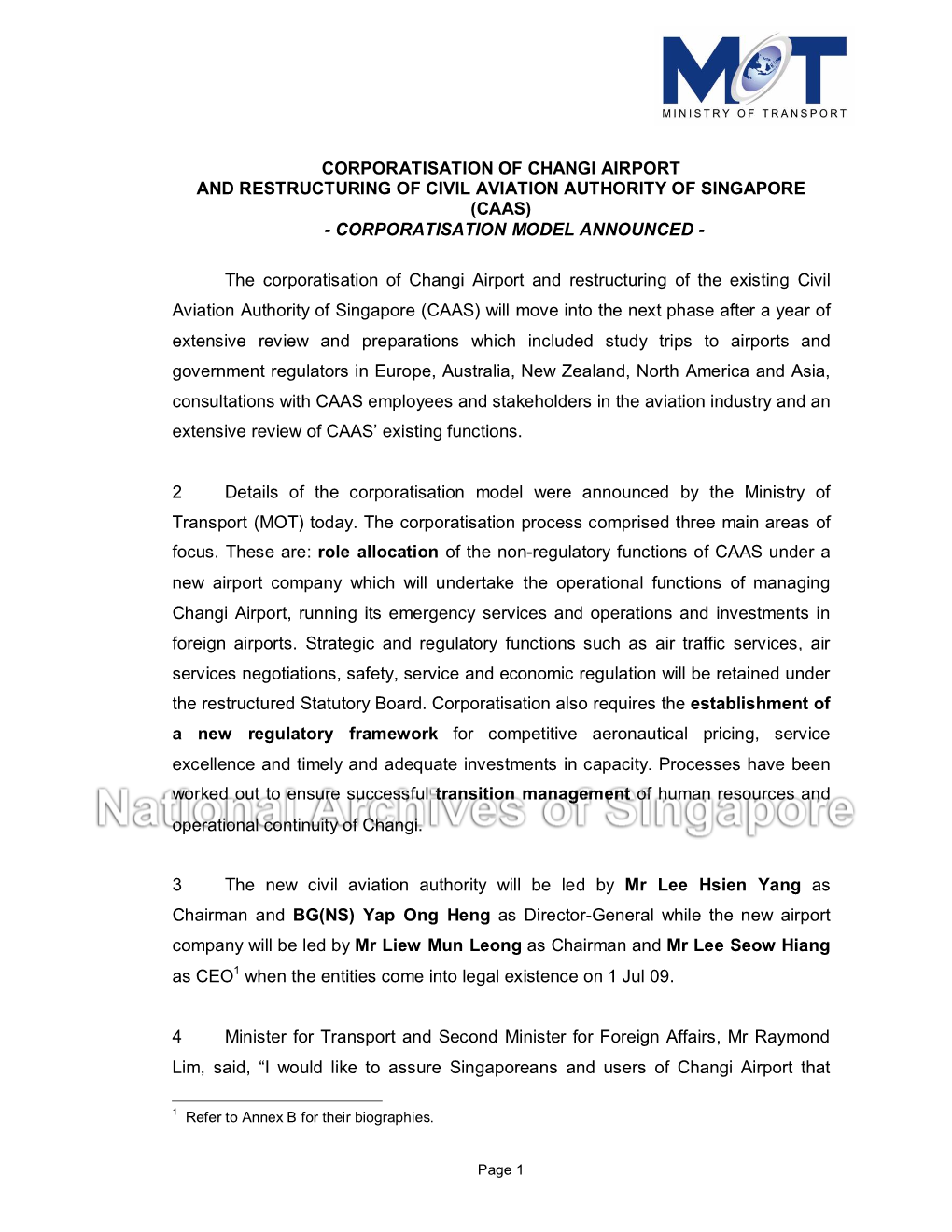 Corporatisation of Changi Airport and Restructuring of Civil Aviation Authority of Singapore (Caas) ­ Corporatisation Model Announced ­