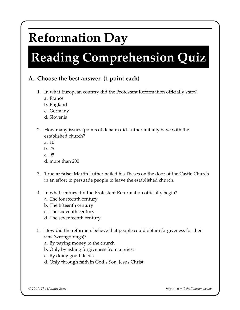 Reformation Day Reading Comprehension Quiz