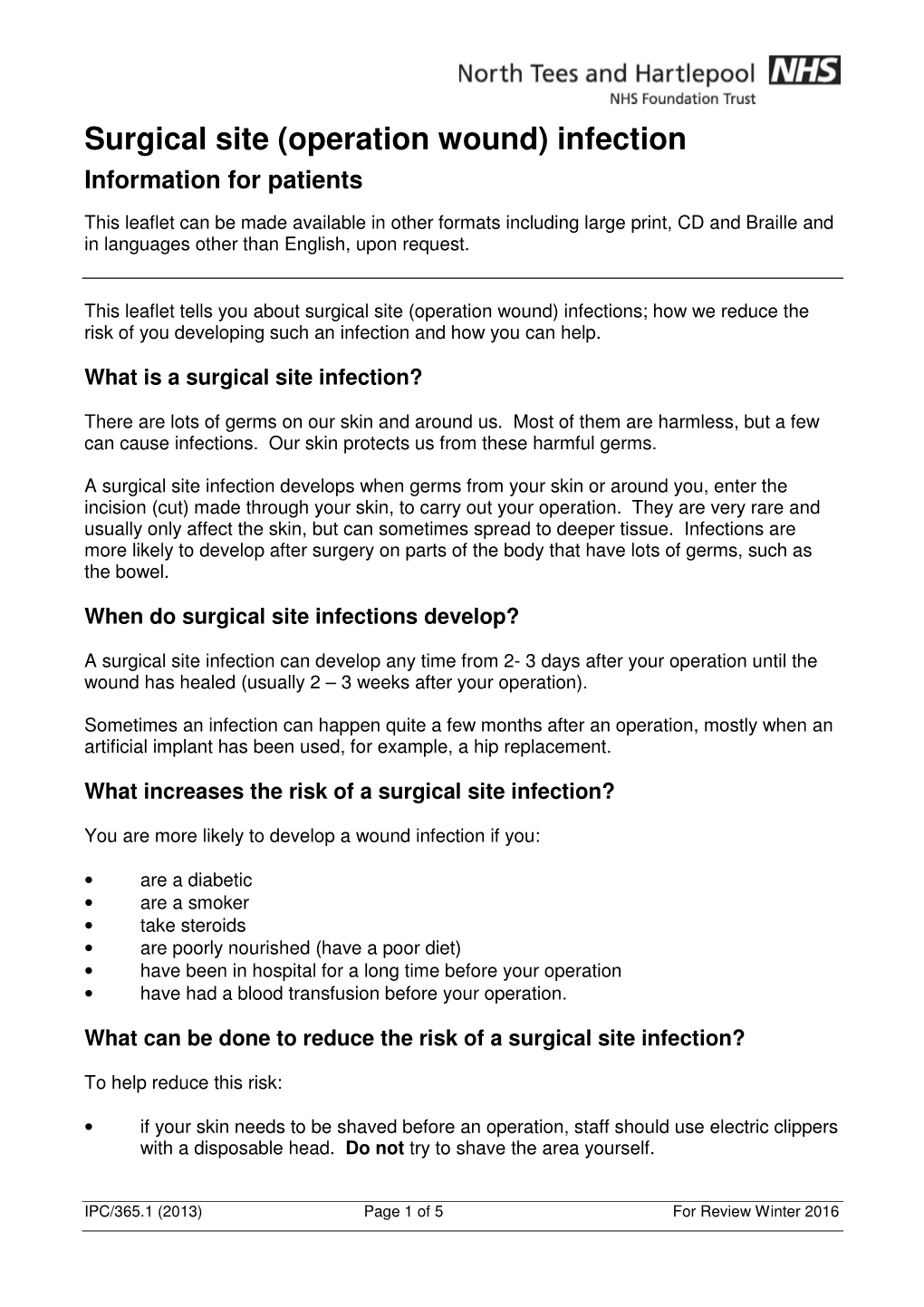 Surgical Site (Operation Wound) Infection Information for Patients