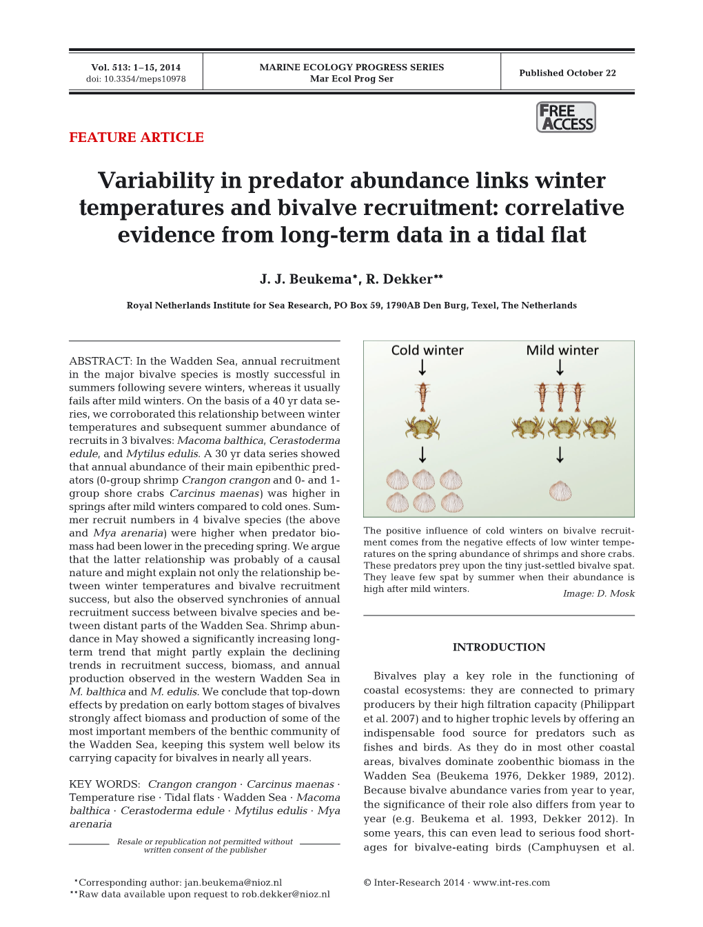 Variability in Predator Abundance Links Winter Temperatures and Bivalve Recruitment: Correlative Evidence from Long-Term Data in a Tidal Flat