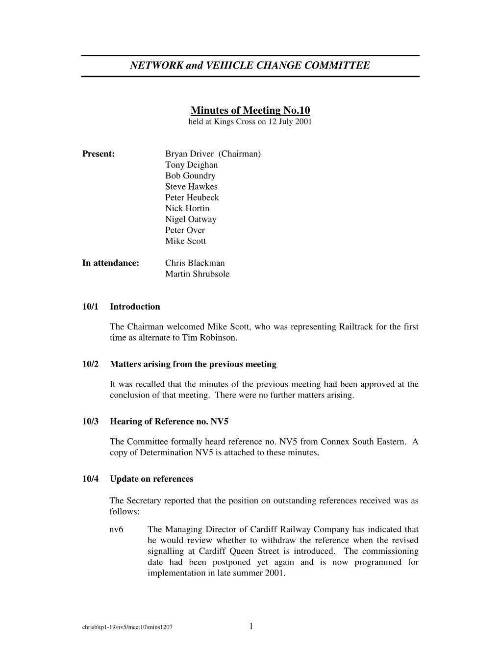 NETWORK and VEHICLE CHANGE COMMITTEE Minutes Of