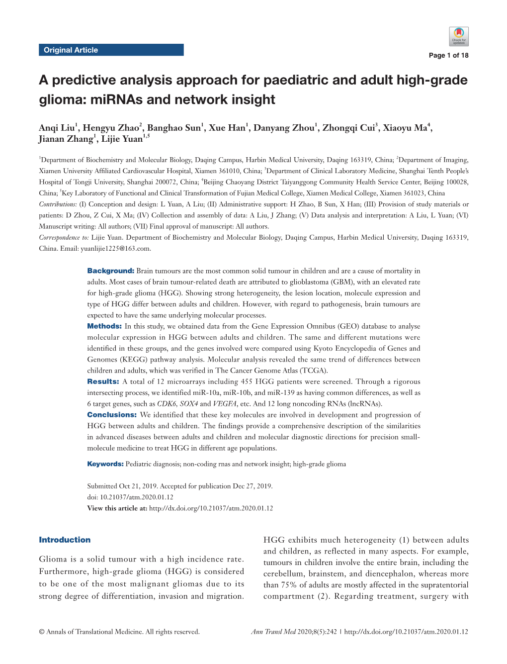 A Predictive Analysis Approach for Paediatric and Adult High-Grade Glioma: Mirnas and Network Insight