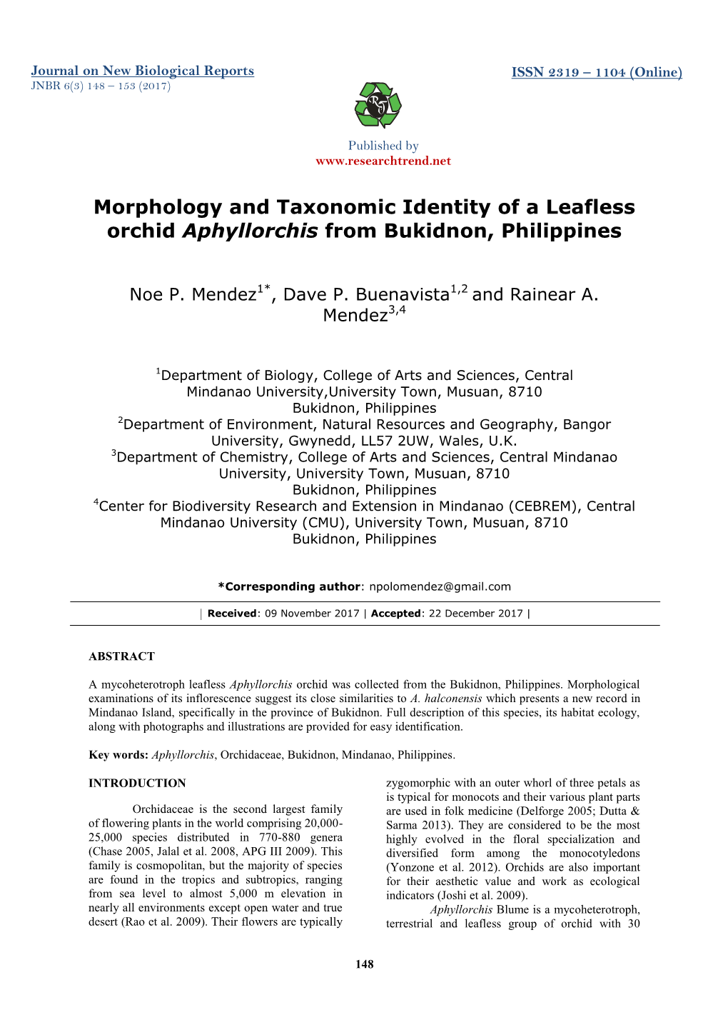 Morphology and Taxonomic Identity of a Leafless Orchid Aphyllorchis from Bukidnon, Philippines