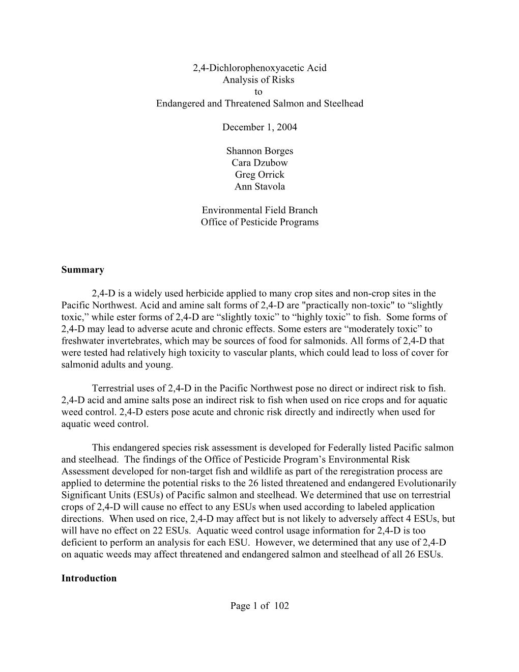 2,4-Dichlorophenoxyacetic Acid Analysis of Risk to Endangered And