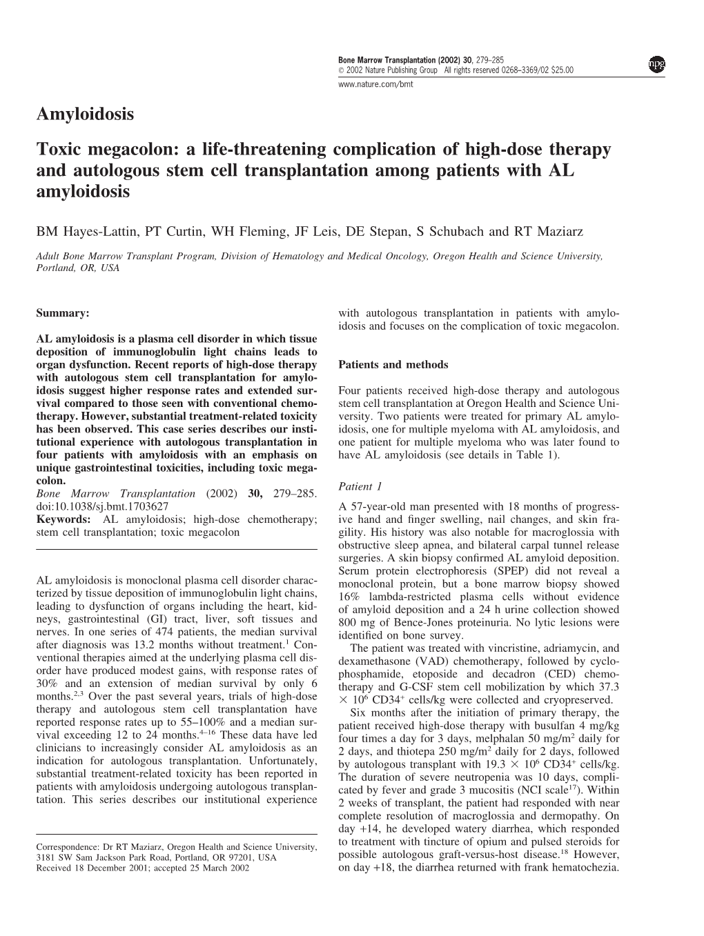 Amyloidosis Toxic Megacolon: a Life-Threatening Complication of High-Dose Therapy and Autologous Stem Cell Transplantation Among Patients with AL Amyloidosis