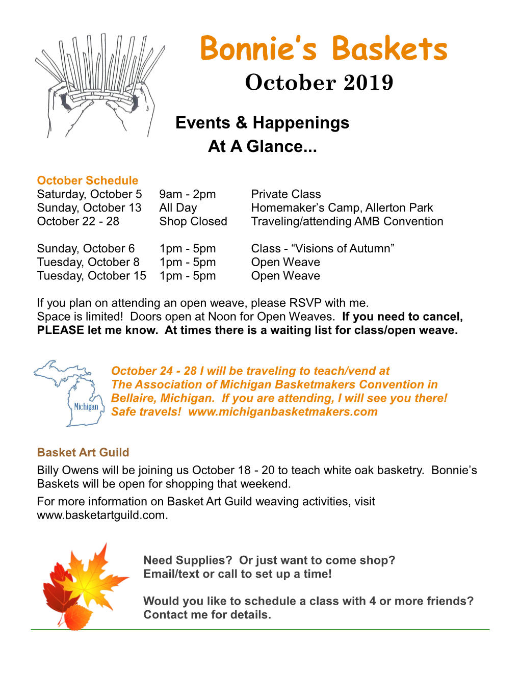 October 2019 Bonnie's Baskets Events & Happenings at a Glance