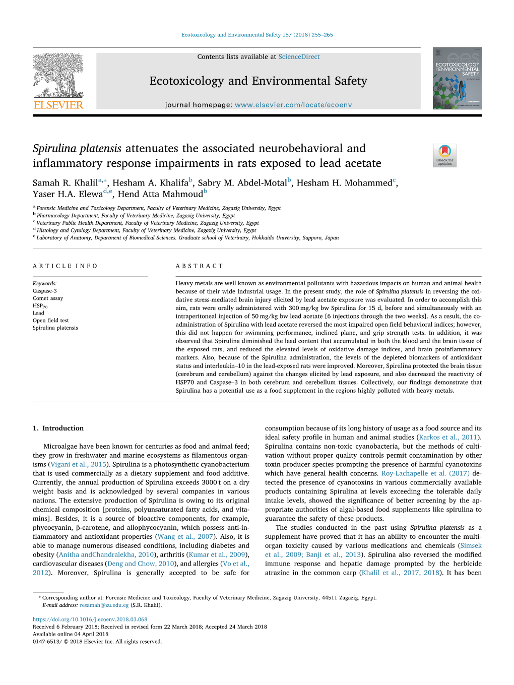 Spirulina Platensis Attenuates the Associated Neurobehavioral and Inflammatory Response Impairments in Rats Exposed to Lead Acet