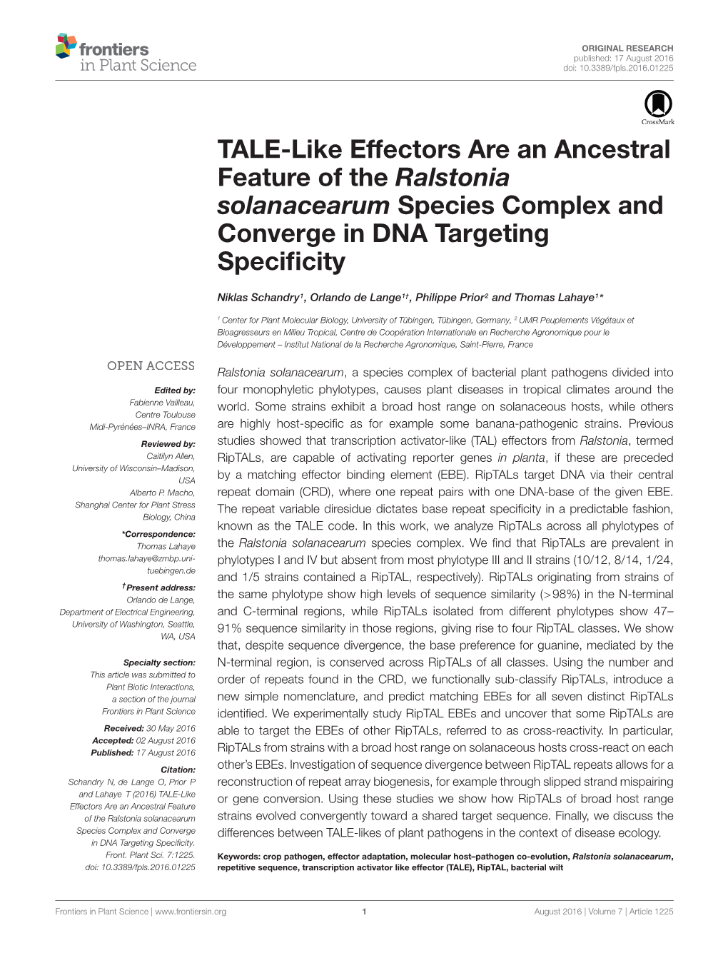 TALE-Like Effectors Are an Ancestral Feature of the Ralstonia Solanacearum Species Complex and Converge in DNA Targeting Speciﬁcity