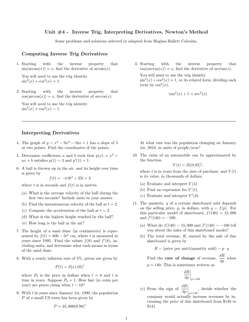 Unit #4 - Inverse Trig, Interpreting Derivatives, Newton’S Method