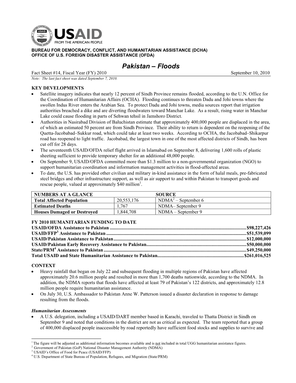 USAID/DCHA Pakistan Floods Fact Sheet