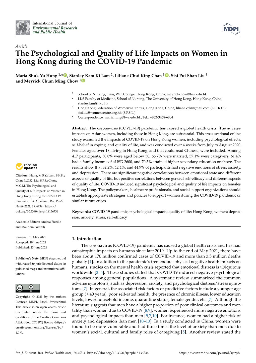 The Psychological and Quality of Life Impacts on Women in Hong Kong During the COVID-19 Pandemic