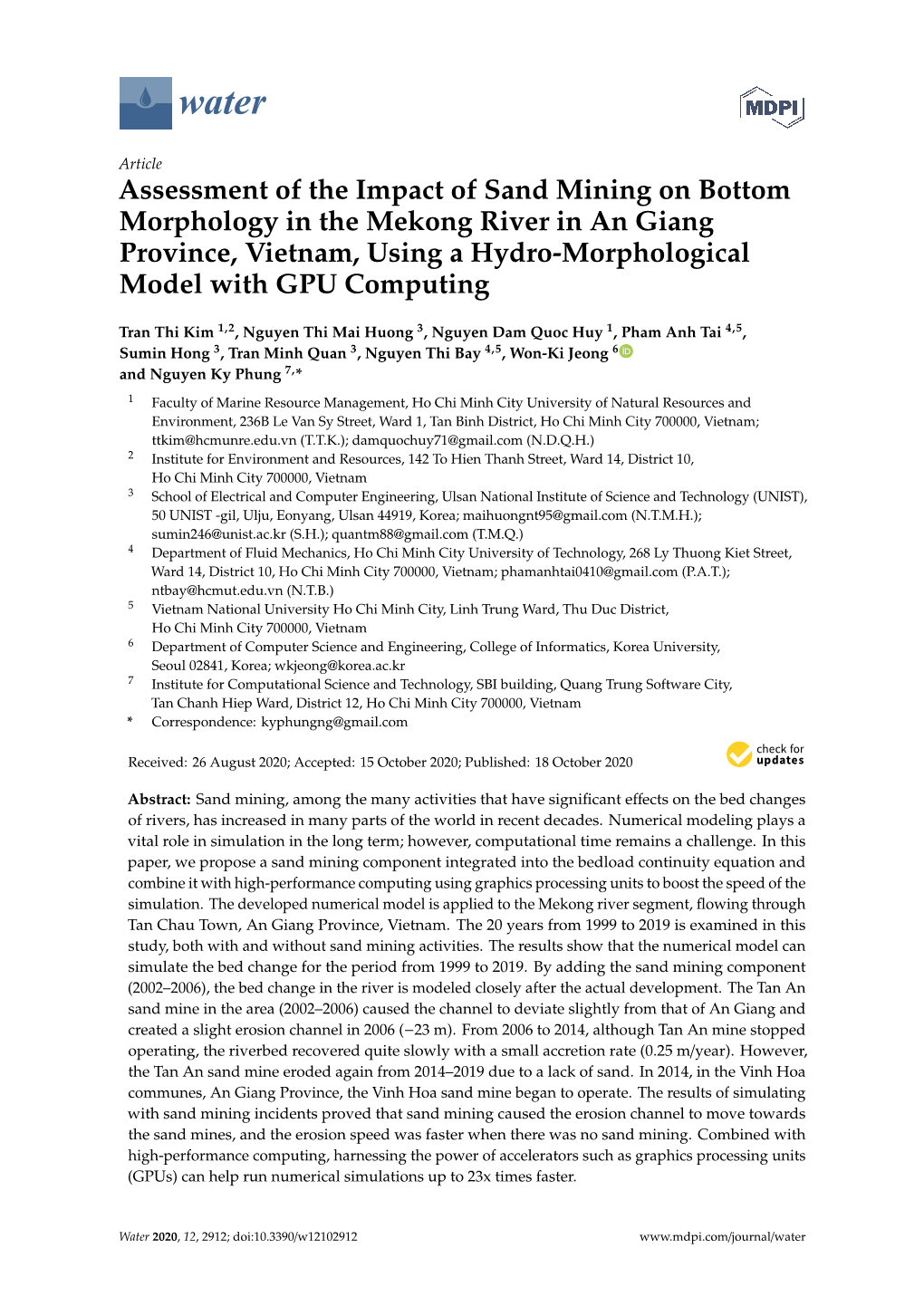 Assessment of the Impact of Sand Mining on Bottom Morphology in the Mekong River in an Giang Province, Vietnam, Using a Hydro-Morphological Model with GPU Computing