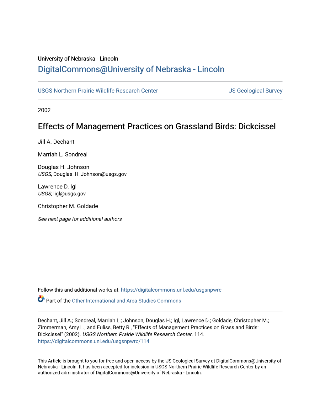 Effects of Management Practices on Grassland Birds: Dickcissel