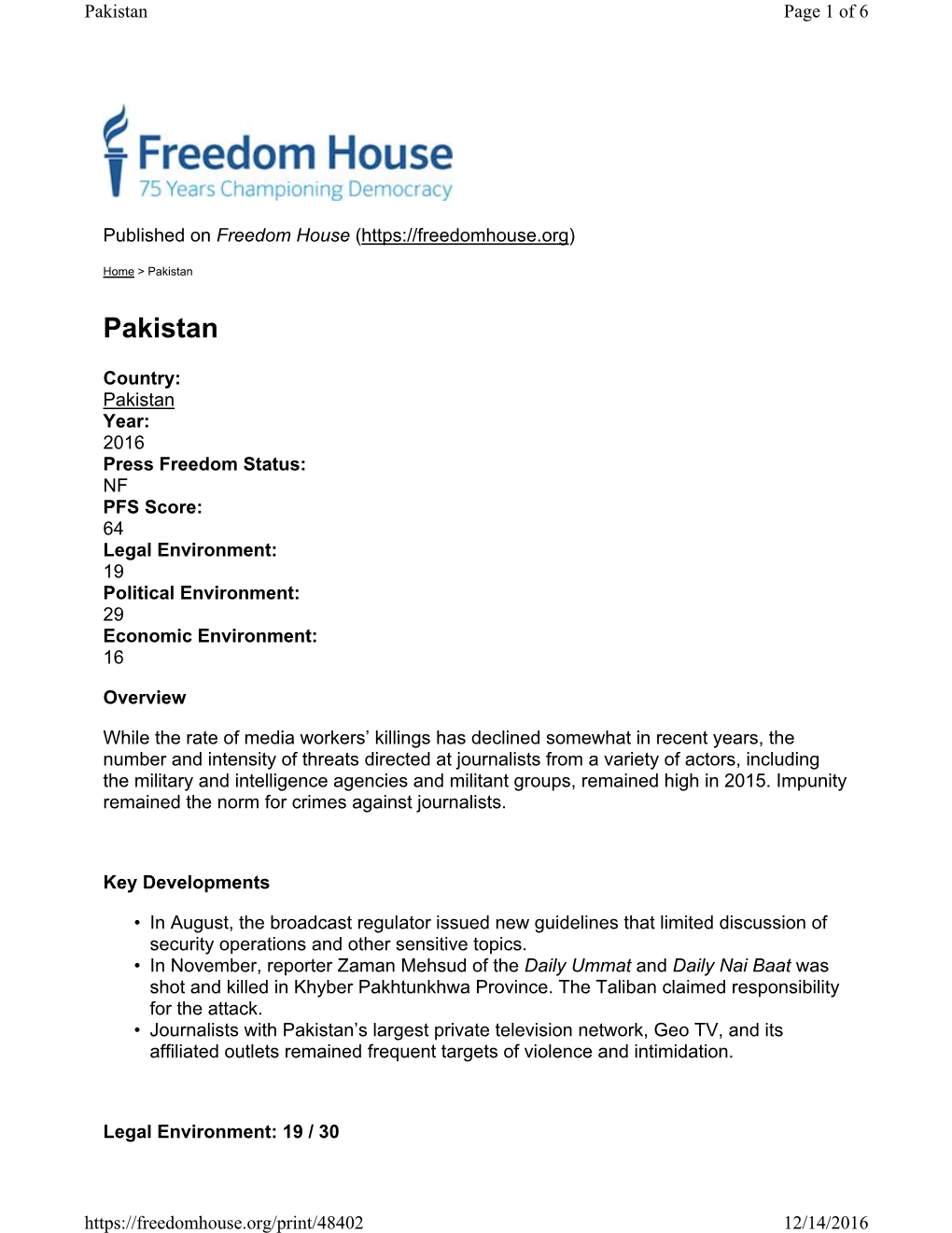 Freedom of the Press 2016 Pakistan