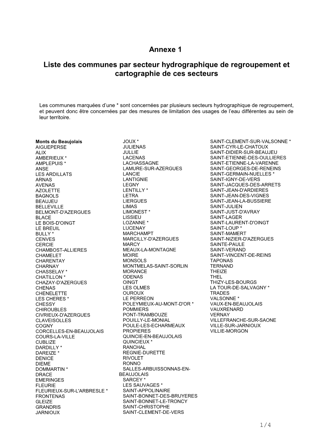 Annexe 1 Liste Des Communes Par Secteur Hydrographique De