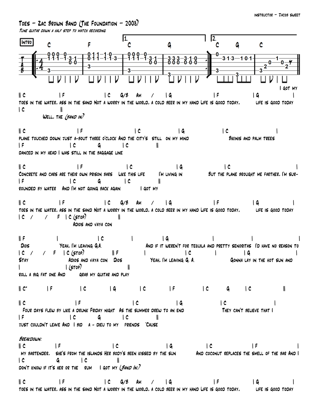 Toes – Zac Brown Band (The Foundation – 2008) Tune Guitar Down a Half Step to Match Recording