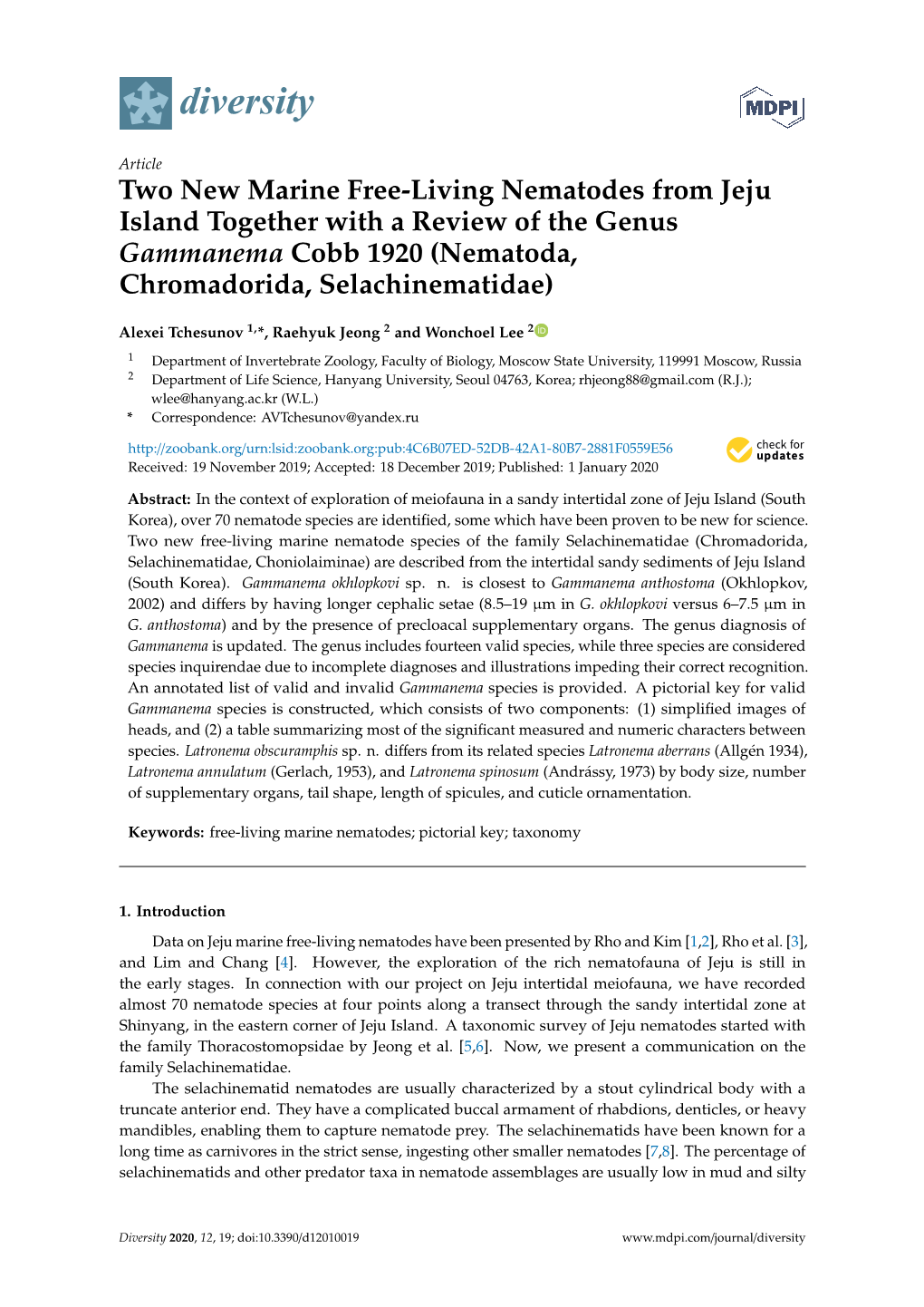 Two New Marine Free-Living Nematodes from Jeju Island Together with a Review of the Genus Gammanema Cobb 1920 (Nematoda, Chromadorida, Selachinematidae)