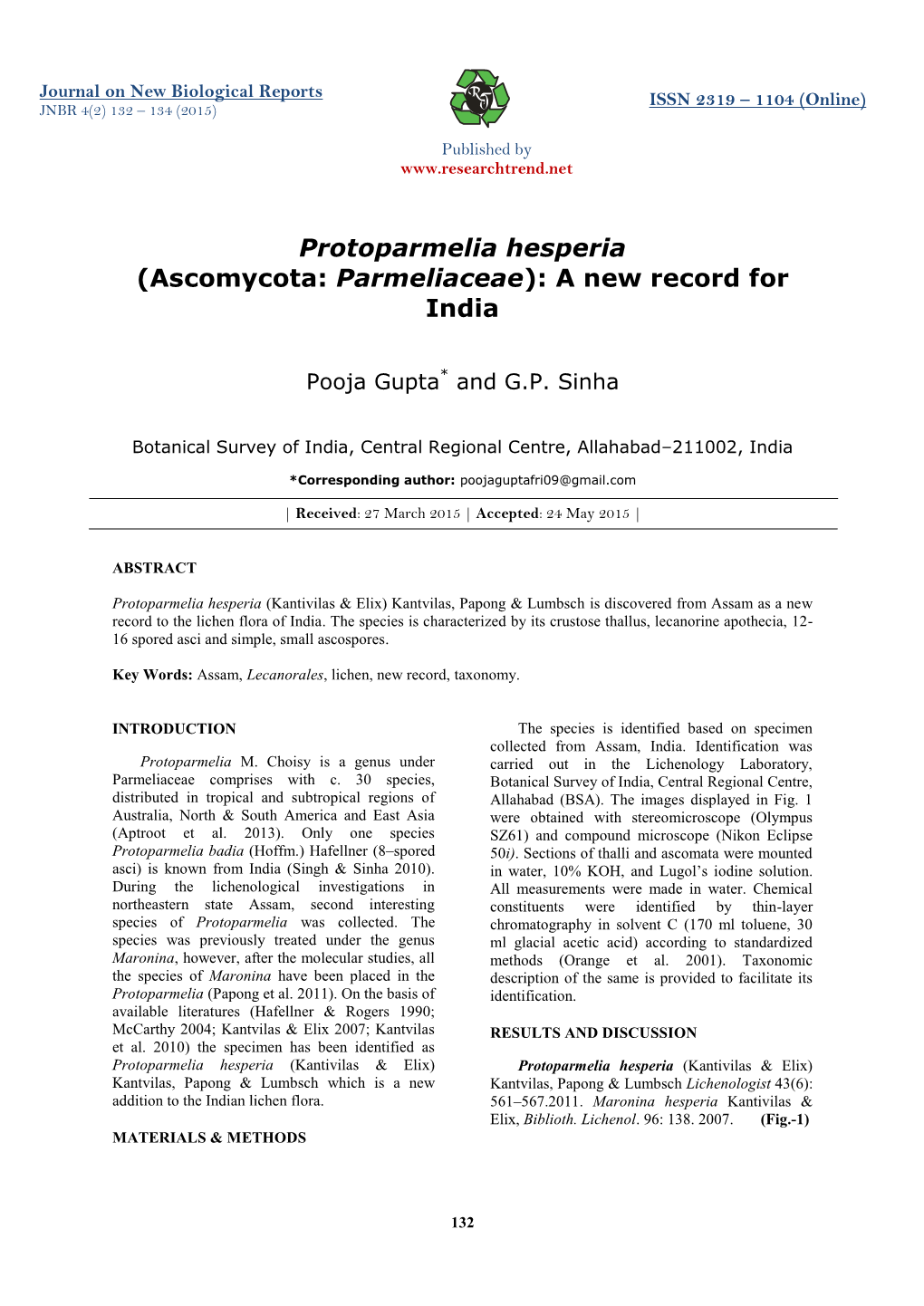 Protoparmelia Hesperia (Ascomycota: Parmeliaceae): a New Record for India