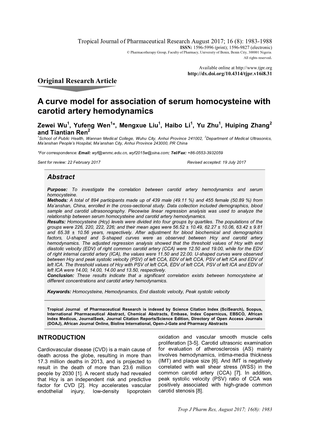 A Curve Model for Association of Serum Homocysteine with Carotid Artery Hemodynamics