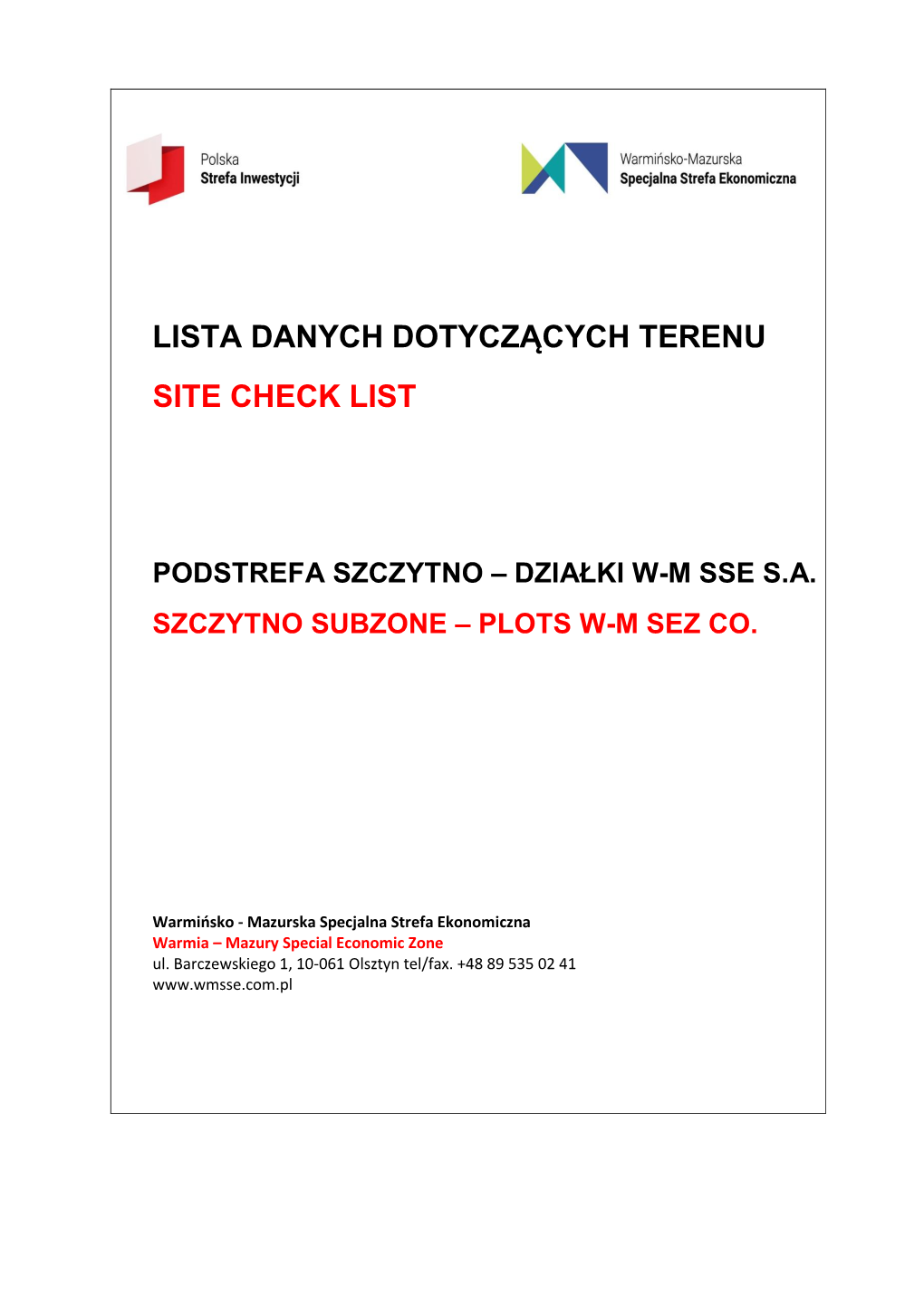 Lista Danych Dotyczących Terenu Site Check List