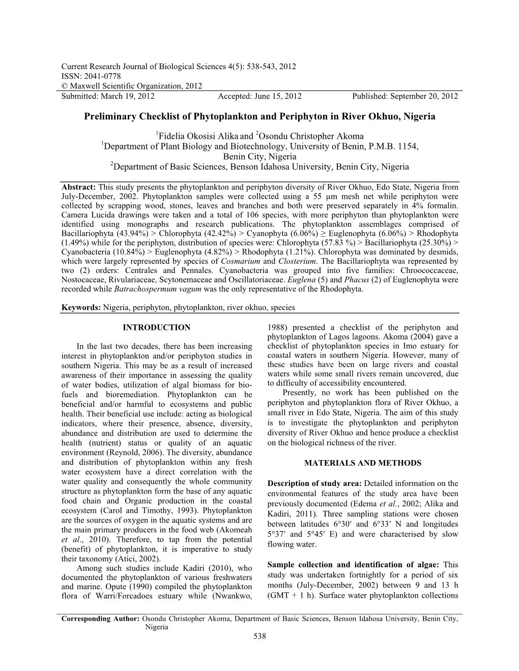 Preliminary Checklist of Phytoplankton and Periphyton in River Okhuo, Nigeria