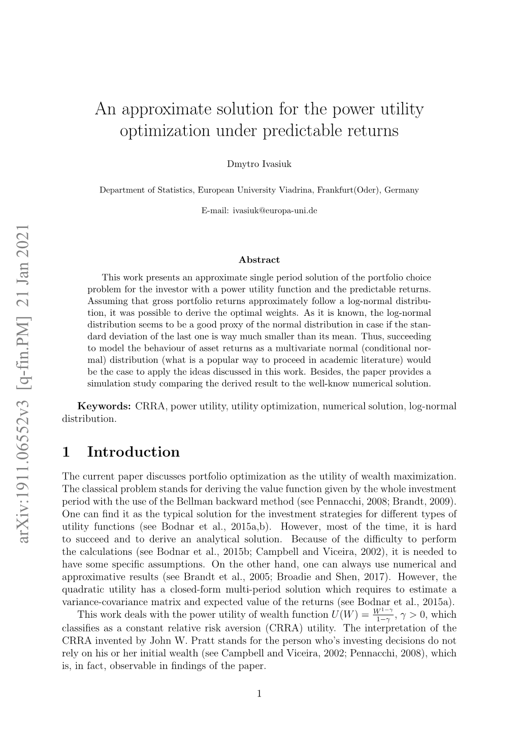 An Approximate Solution for the Power Utility Optimization Under Predictable Returns Arxiv:1911.06552V3 [Q-Fin.PM] 21 Jan 2021