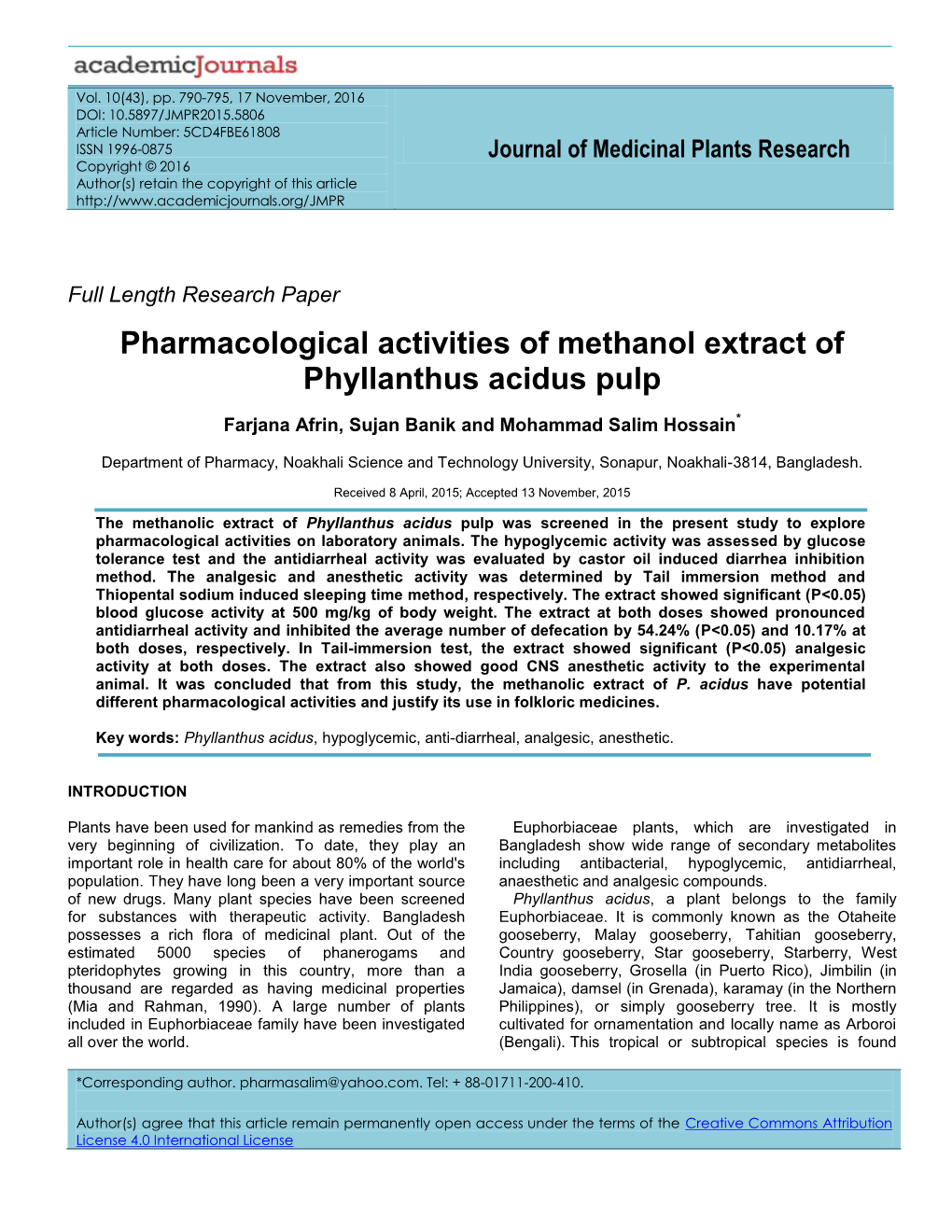 Pharmacological Activities of Methanol Extract of Phyllanthus Acidus Pulp