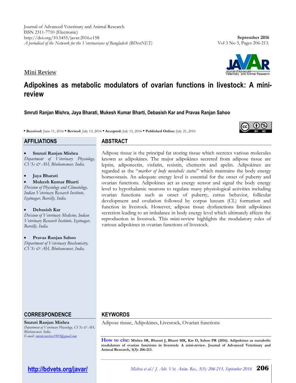 Adipokines As Metabolic Modulators of Ovarian Functions in Livestock: a Mini- Review