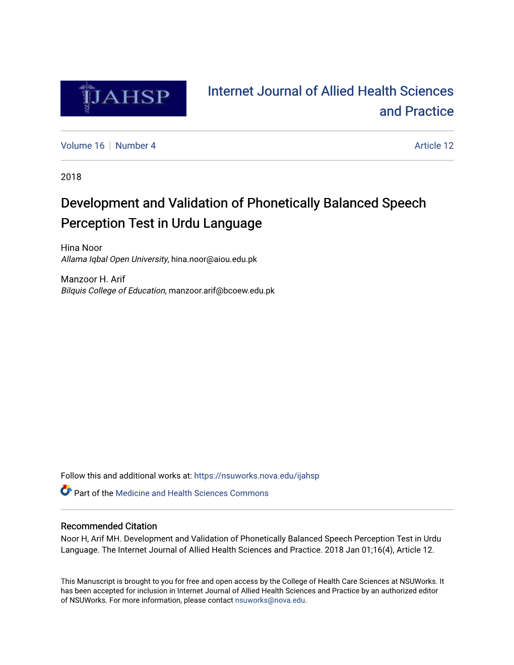 Development and Validation of Phonetically Balanced Speech Perception Test in Urdu Language