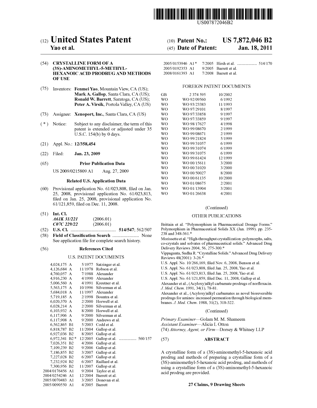 (12) United States Patent (10) Patent No.: US 7,872,046 B2 Yao Et Al