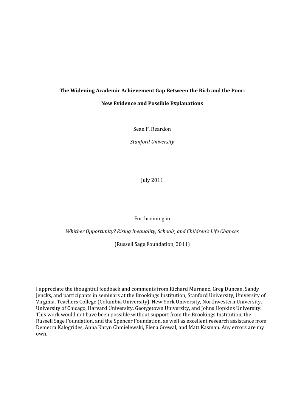 Widening Academic Achievement Gap Between the Rich and the Poor