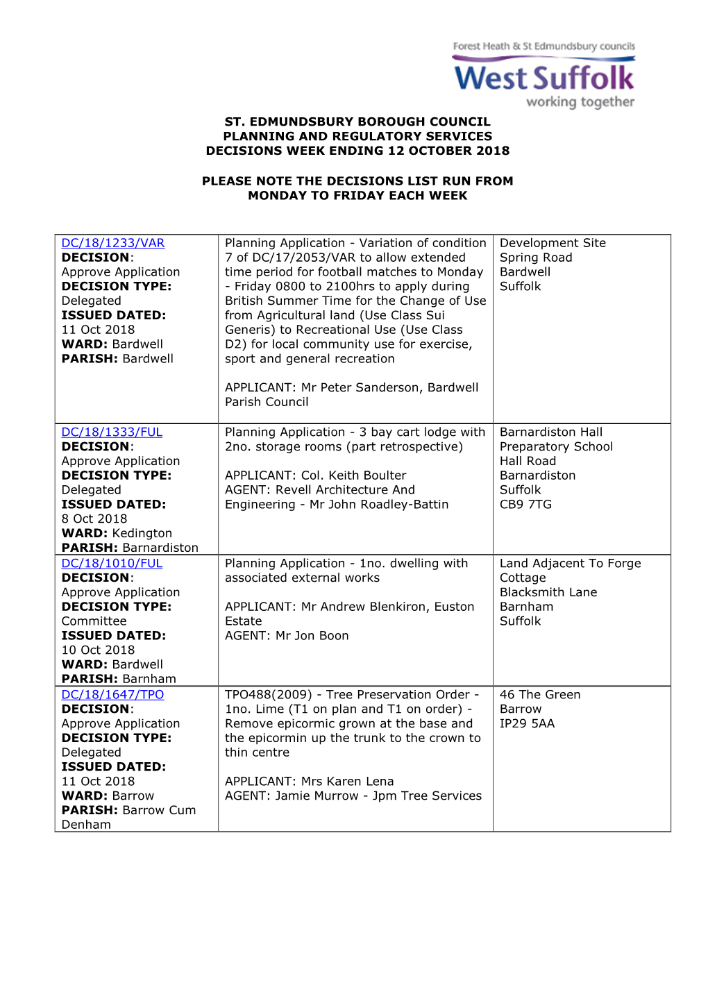 SEBC Planning Decisions 41/18