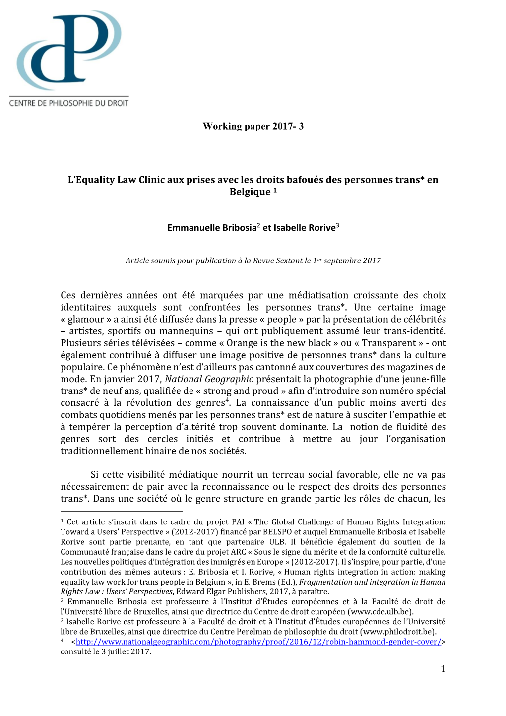 1 Working Paper 2017- 3 L'equality Law Clinic Aux Prises Avec Les