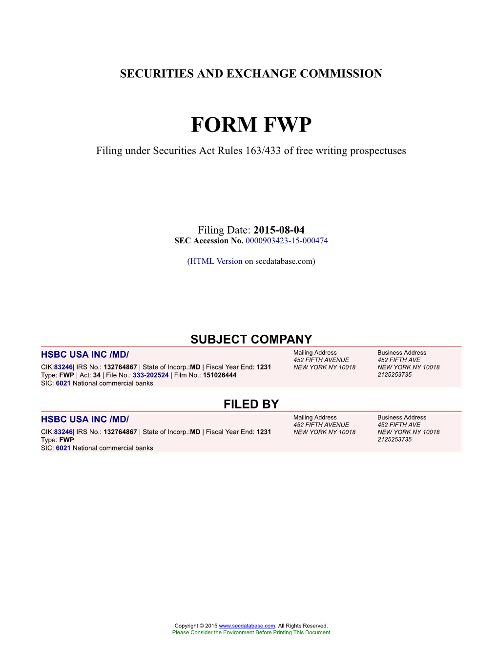 HSBC USA INC /MD/ Form FWP Filed 2015-08-04