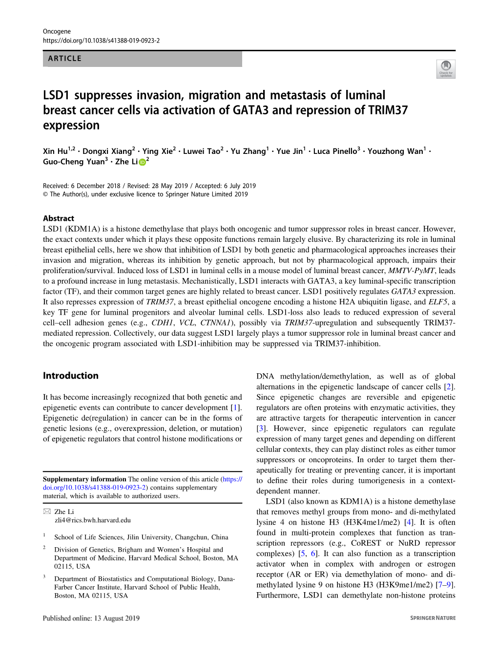 LSD1 Suppresses Invasion, Migration and Metastasis of Luminal Breast Cancer Cells Via Activation of GATA3 and Repression of TRIM37 Expression