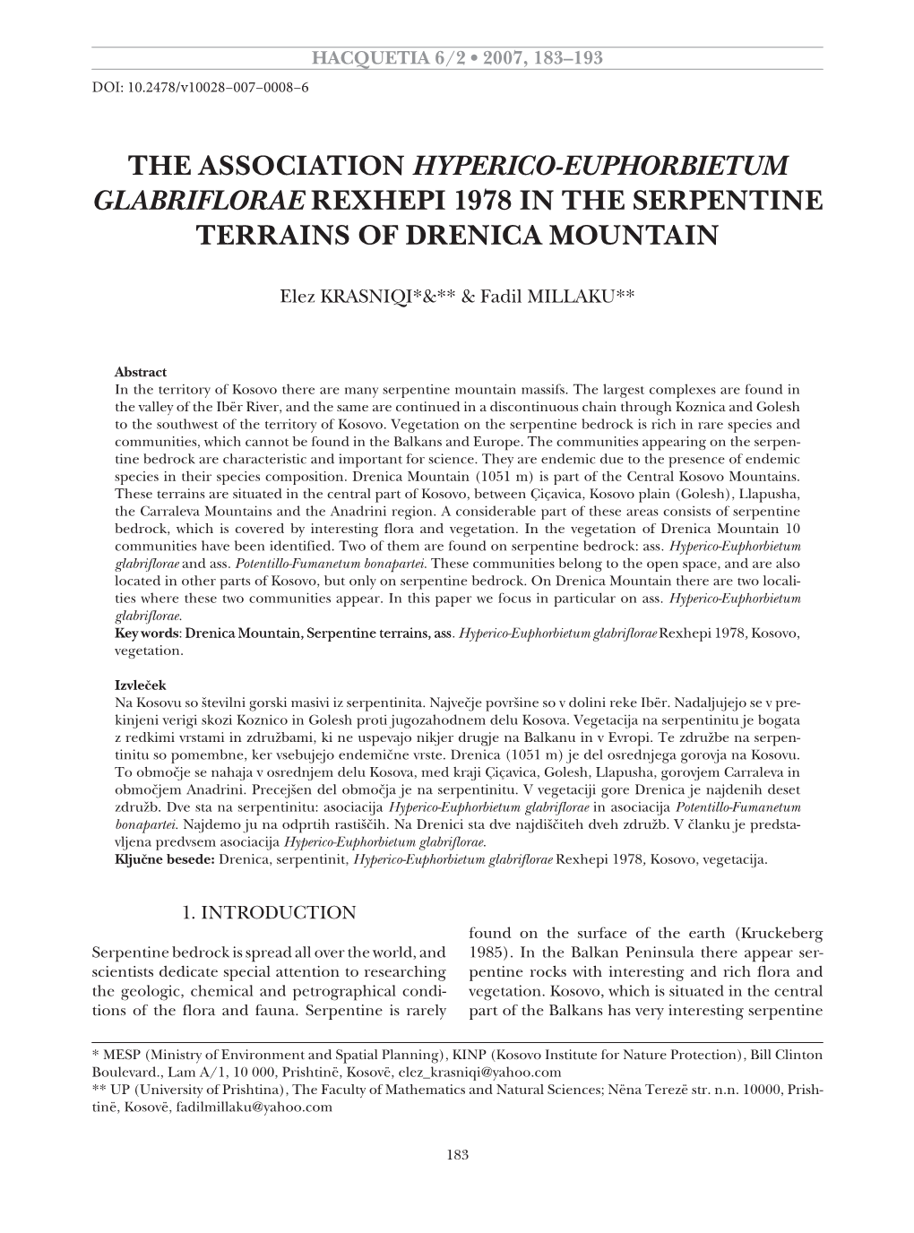 The Association Hyperico-Euphorbietum Glabriflorae Rexhepi 1978 in the Serpentine Terrains of Drenica Mountain