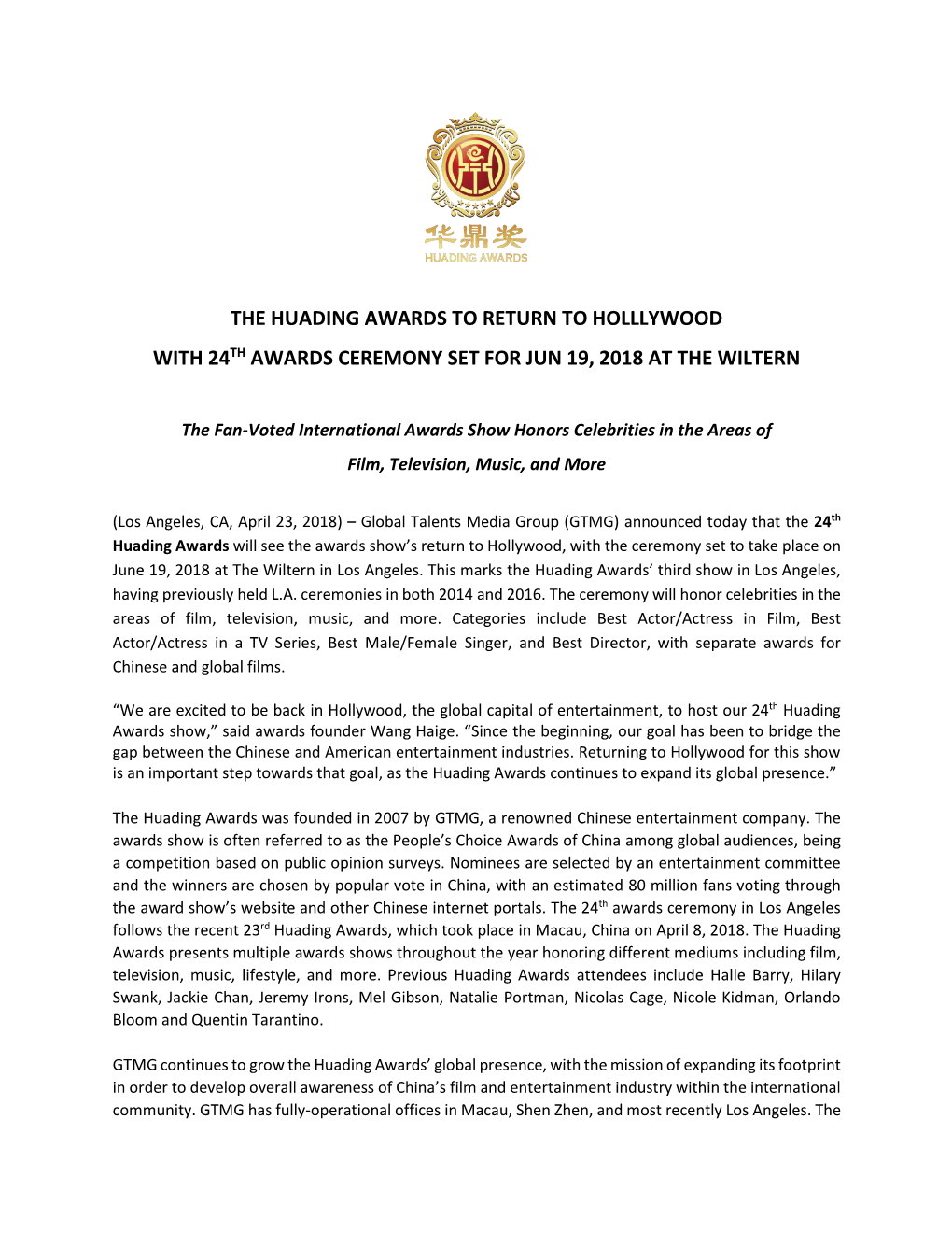 The Huading Awards to Return to Holllywood with 24Th Awards Ceremony Set for Jun 19, 2018 at the Wiltern