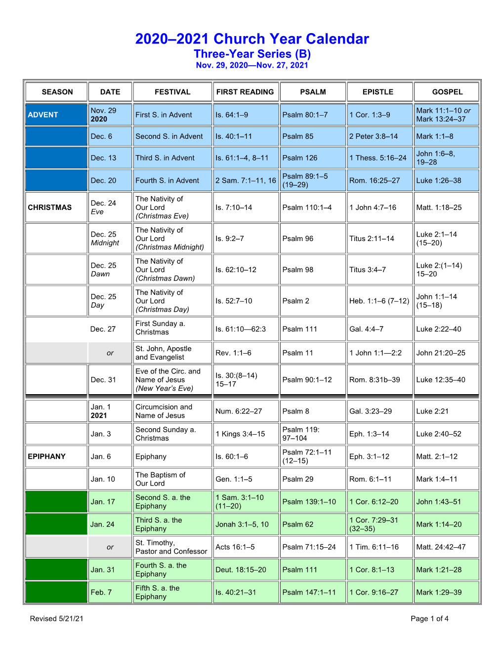 LCMS 2020-2021 Church Year Calendar — Three-Year Series B