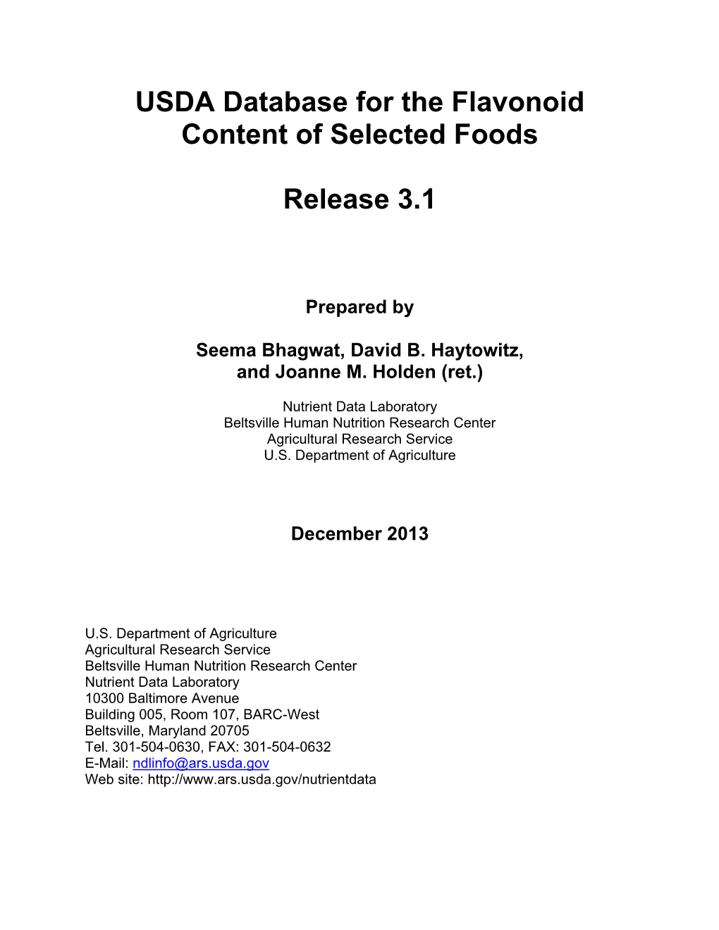 USDA Database for the Flavonoid Content of Selected Foods