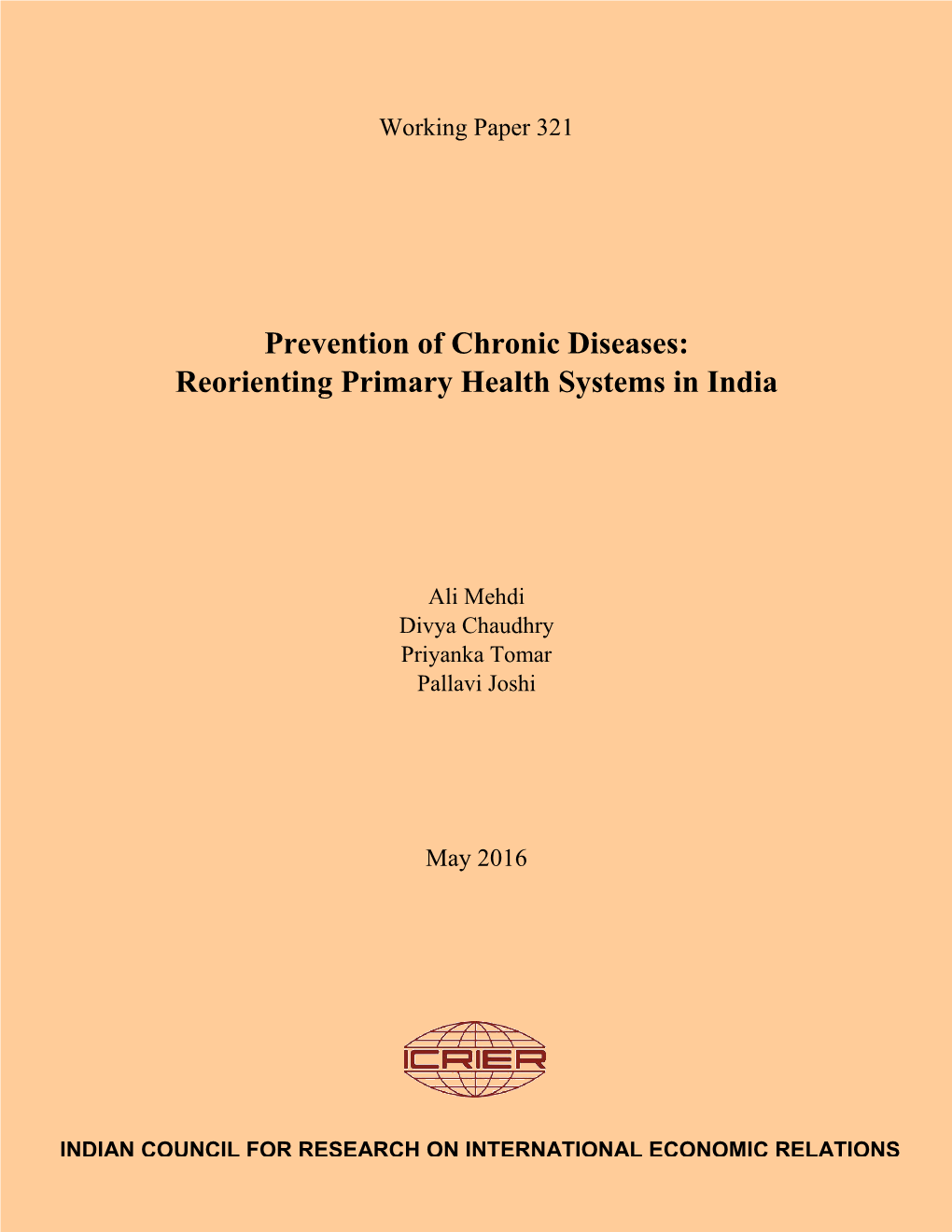 Prevention of Chronic Diseases: Reorienting Primary Health Systems in India