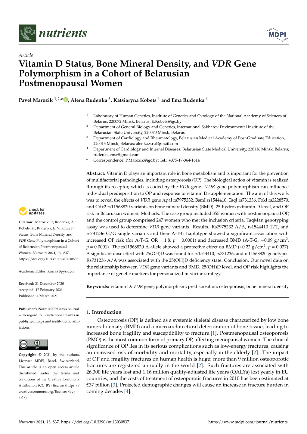 Vitamin D Status, Bone Mineral Density, and VDR Gene Polymorphism in a Cohort of Belarusian Postmenopausal Women