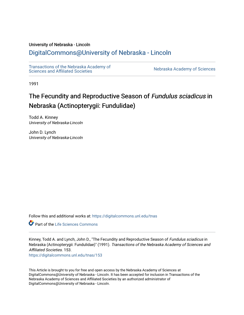 The Fecundity and Reproductive Season of Fundulus Sciadicus in Nebraska (Actinopterygii: Fundulidae)