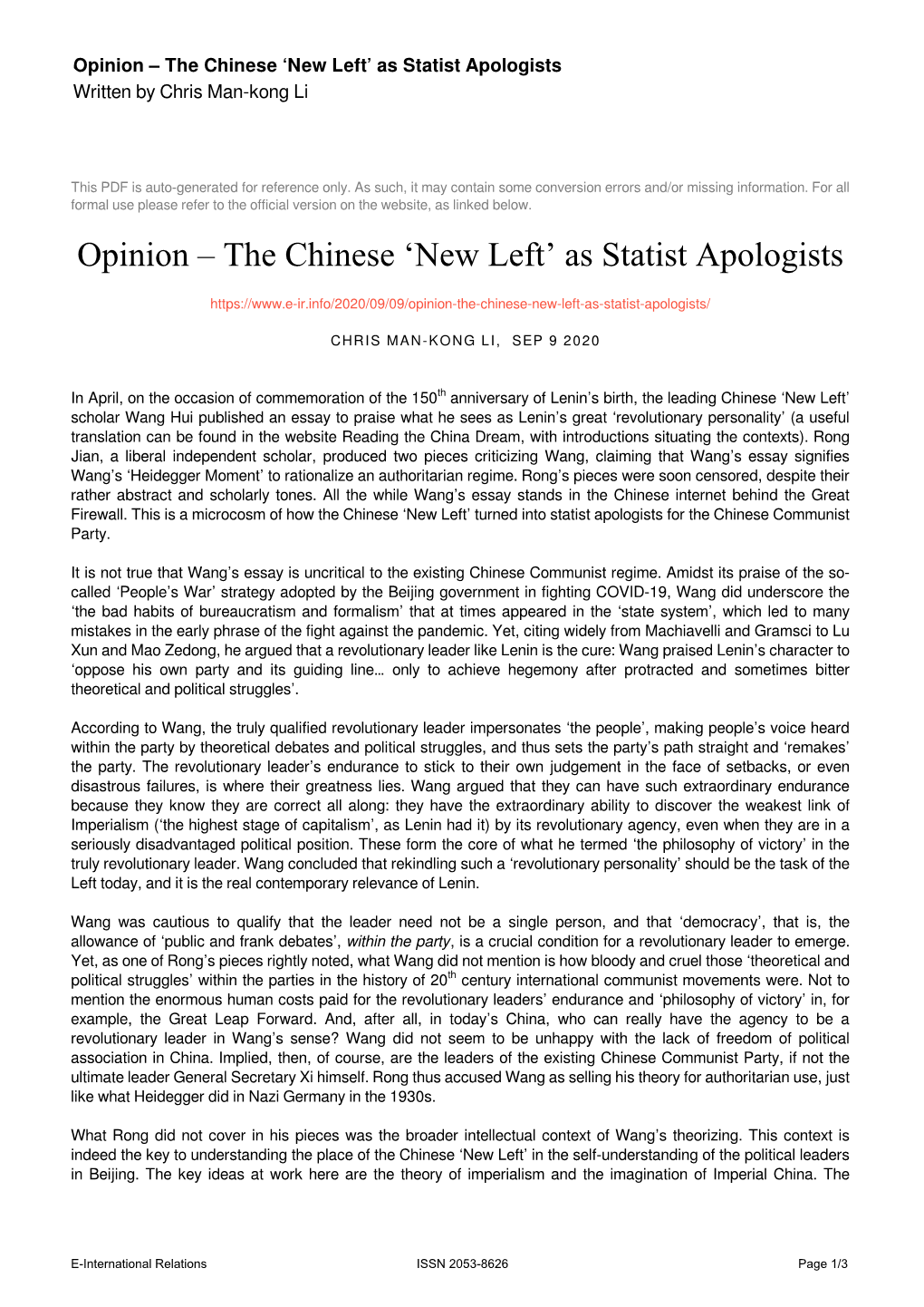 As Statist Apologists Written by Chris Man-Kong Li