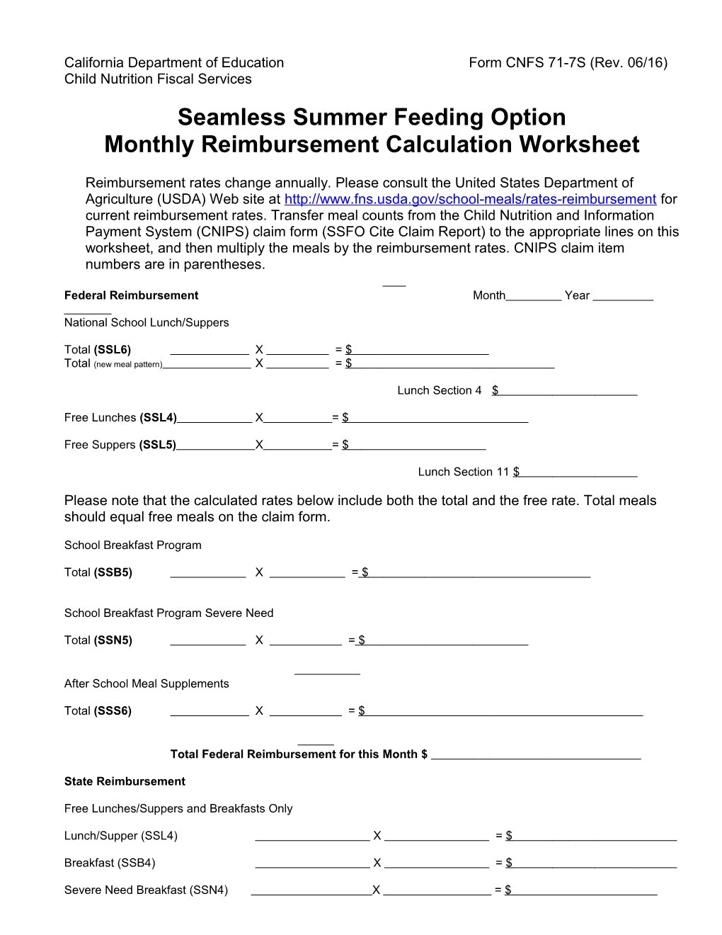 Seamless Summer Feeding Option (SSFO) Calculation - Nutrition Services (CA Dept of Education)