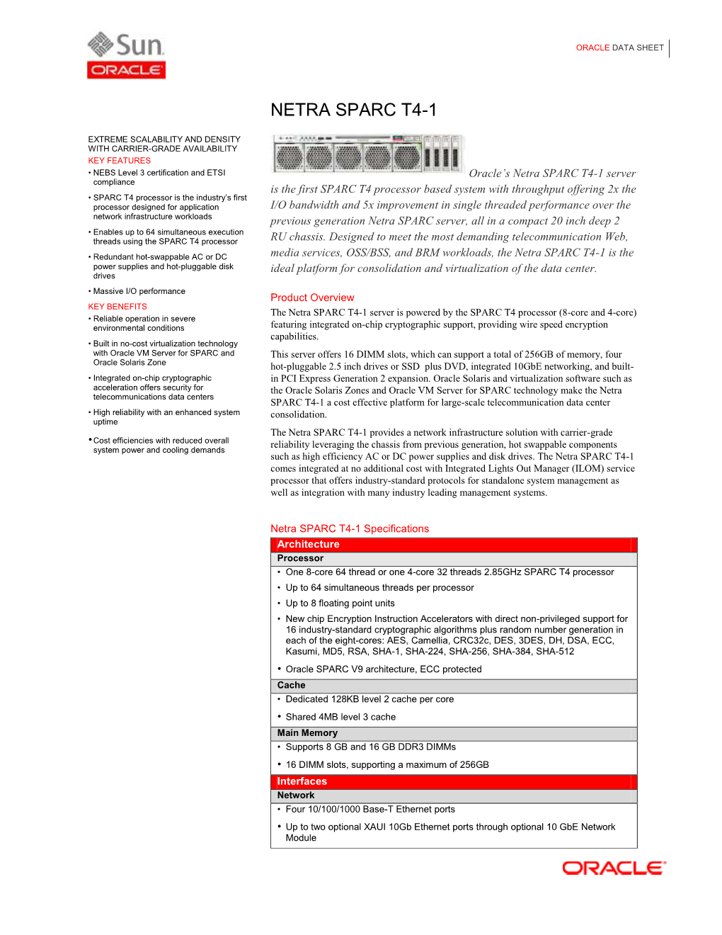 Oracle Netra SPARC T4-1 Data Sheet
