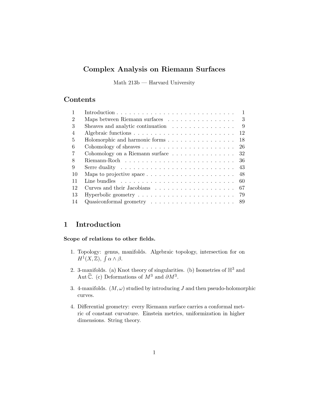 Complex Analysis on Riemann Surfaces Contents 1 Introduction