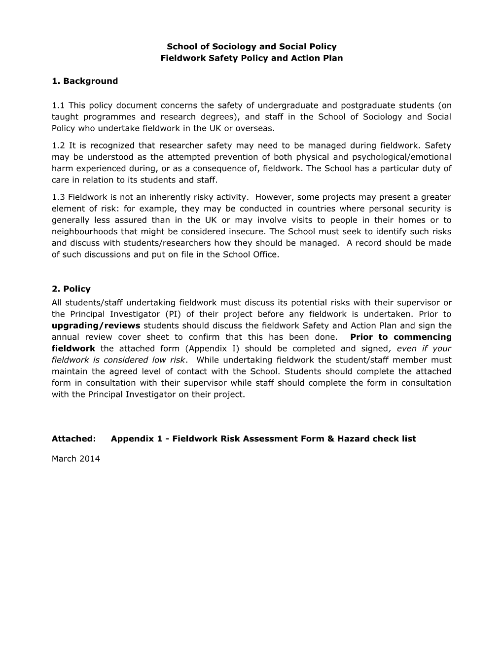 SSSP Fieldwork Safety Policy__Action Plan October 2014