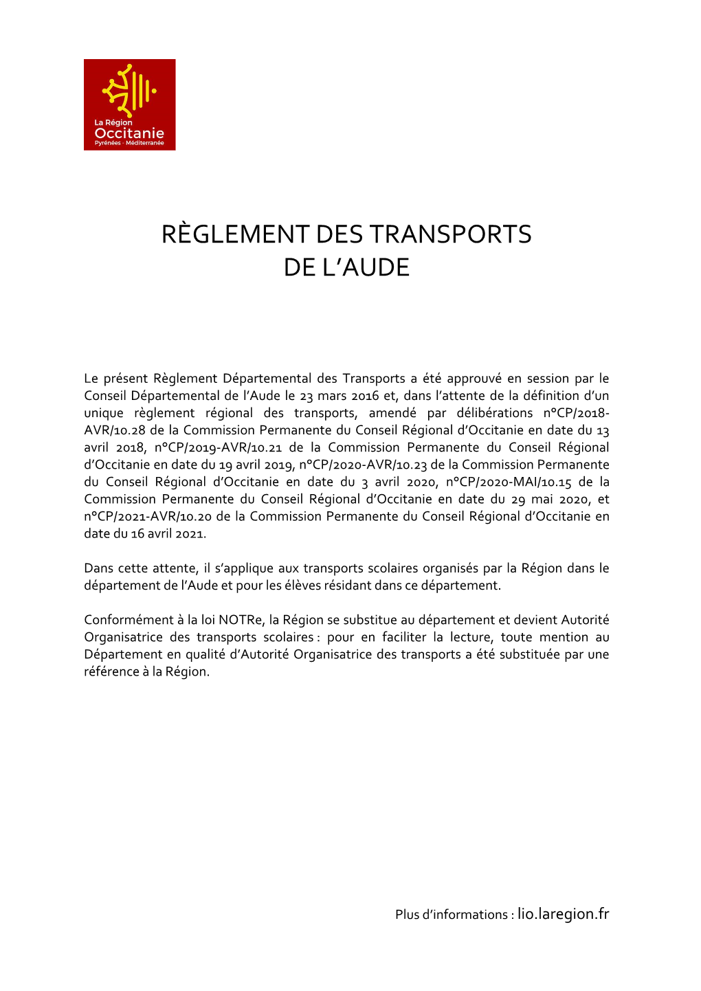 Règlement Des Transports De L'aude